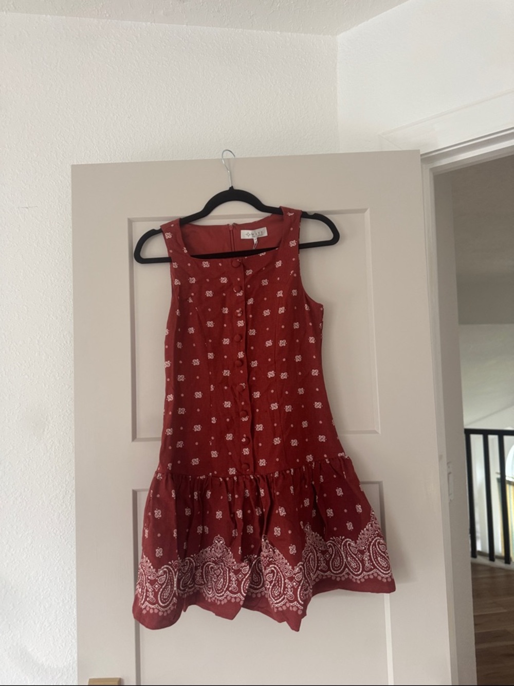 Wayf Red Paisley-Trim Sleeveless Mini Dress SIZE XS